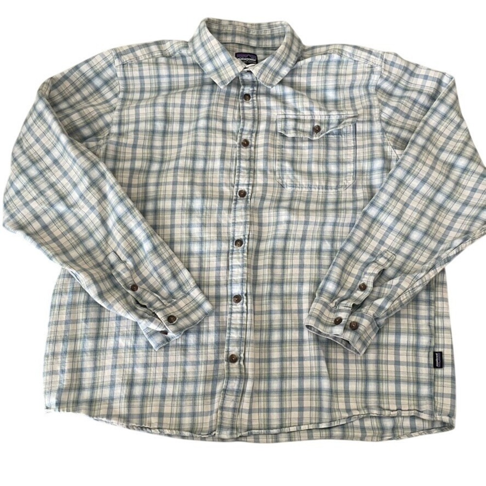 Patagonia Flannel Shirt Mens XXL Blue Plaid Organic Cotton‎ Fjord Lightweight